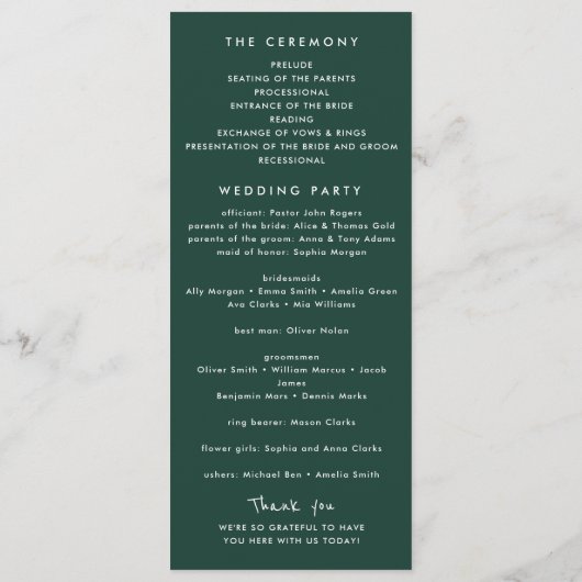 Smaragdgroene witte foto Bold Minimalist Wedding Programma (Achterkant)