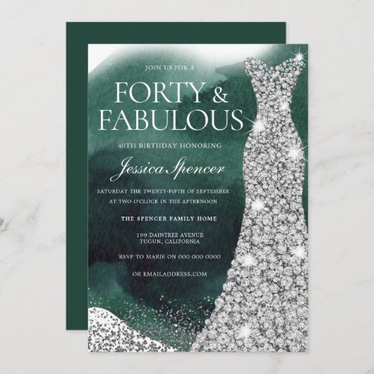 Smaragdgroene & zilveren jurk 40e verjaardagsfeest kaart (Voorkant / Achterkant)