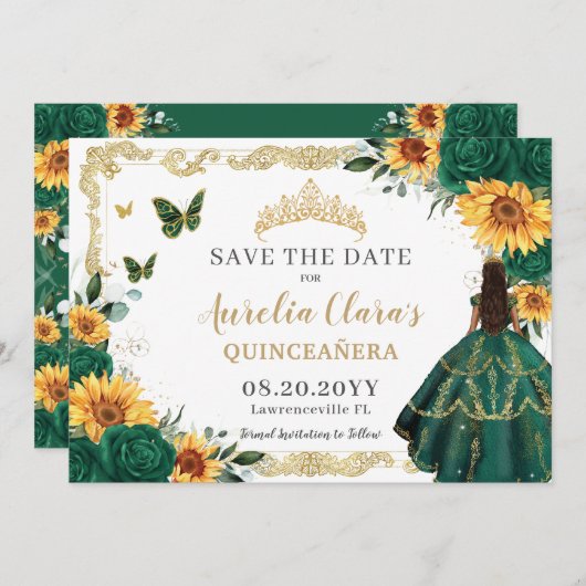 Smaragdgroene zonnebloemen bloemengoud quinceañera save the date (Voorkant / Achterkant)