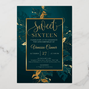 Smaragrogroene folie en echte goudzoete zestien uitnodiging