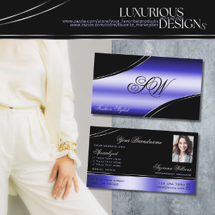 Smart Black Blue Curved Lines Monogram en foto Visitekaartje