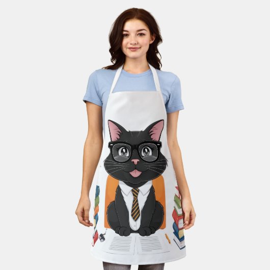 Smart Black Cat met een bril - Grappige Cartoon Schort (Gedragen)