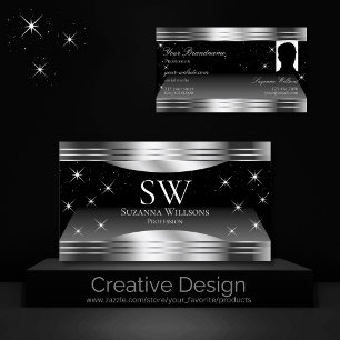 Smart Black Silver Shimmer Borders Monogram Foto Visitekaartje
