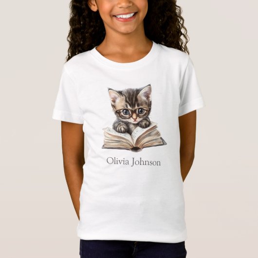 Smart Kitten with Glasses Custom Name Kids' T-shirt (Voorkant)