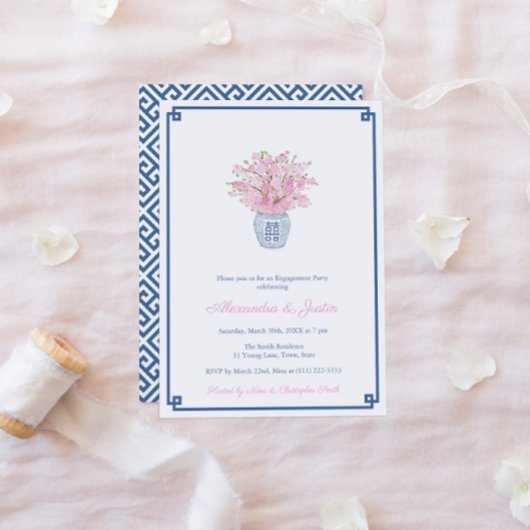 Smart Navy Blauw & Roze Ginger Jar Verlovingsfeest Kaart