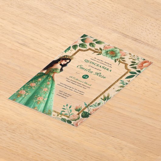 Smeraldgroene gouden Quinceanera-jurk bloemen Acryl Uitnodigingen (Laagn)