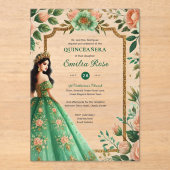 Smeraldgroene gouden Quinceanera-jurk bloemen Acryl Uitnodigingen (Voorkant)