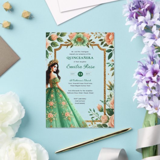 Smeraldgroene gouden Quinceanera-jurk bloemen Acryl Uitnodigingen (Insitu (Huwelijk))