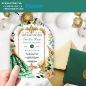 Smeraldgroene gouden Quinceanera-jurk bloemen Acryl Uitnodigingen