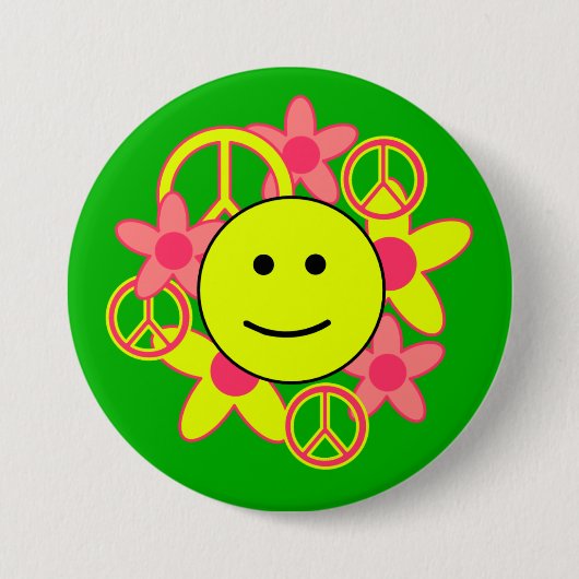 Smile Face with Peace Signs and Flowers Ronde Button 7,6 Cm (Voorkant)