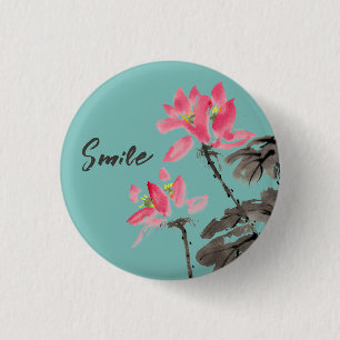 Smile Positive Quote Waterverf Floral Lotus Ronde Button 3,2 Cm