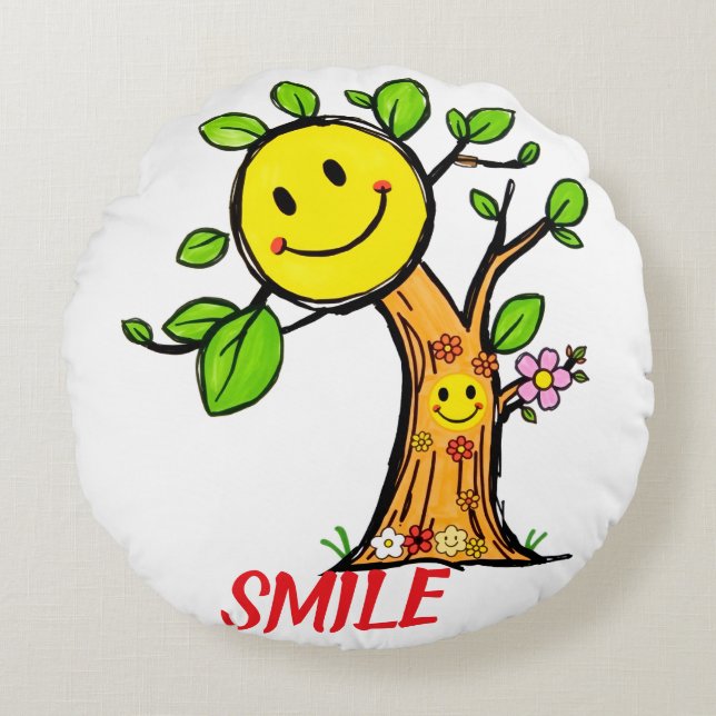 "Smile Tree" Positieve Vibes Rond Kussen (Voorkant)