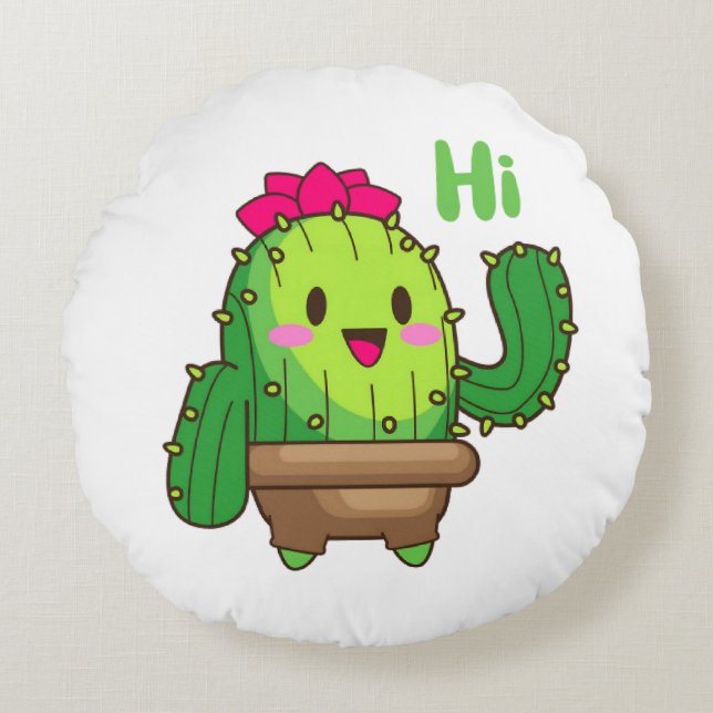 Smiley Cactus Pillow – Hello Plant Design Rond Kussen (Voorkant)