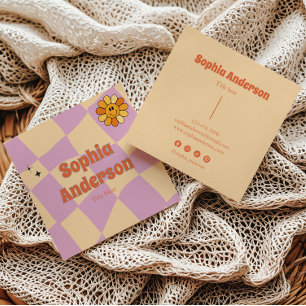 Smiley Flower Retro Checkerboard – Perzik & Paarse Vierkante Visitekaartje