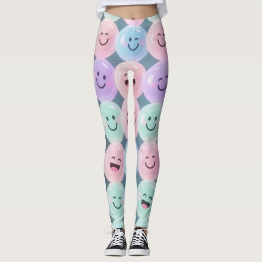 Smiley Gezichten Grid Leggings – Pastel Gen Z Vibe (Voorkant)