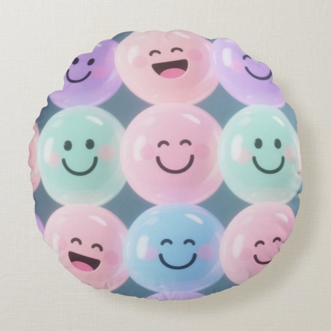 Smiley Gezichten Pastel Sierkussen – Bubble Grid C Rond Kussen (Voorkant)