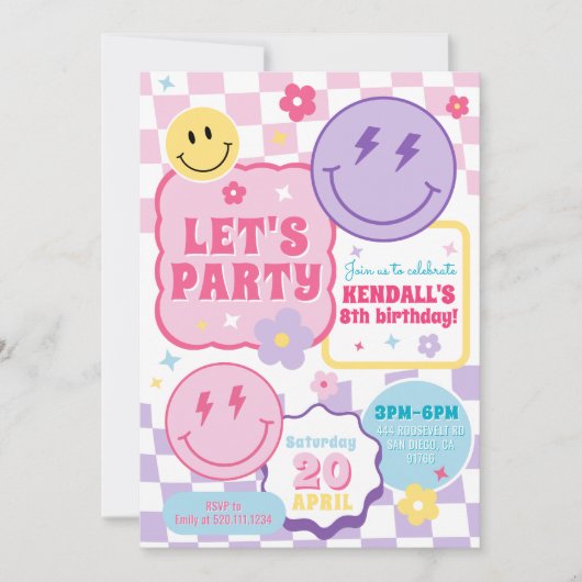 Smiley Preppy Face Colorful Birthday Invitation (Devant)