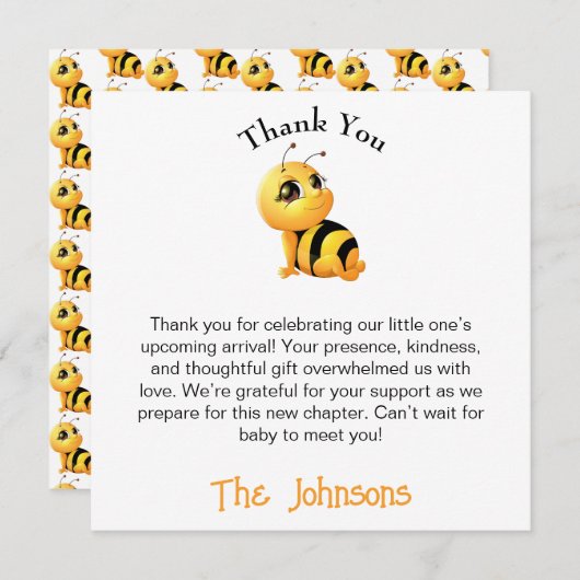 Smiling Bee Baby shower Bedankt Card (Voorkant / Achterkant)