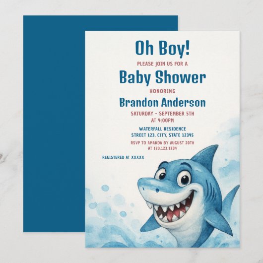 Smiling Blue Shark Boy Baby shower Thema Kaart (Voorkant / Achterkant)