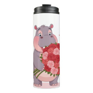 Smiling cartoon hippo holding a huge bouquet thermosbeker