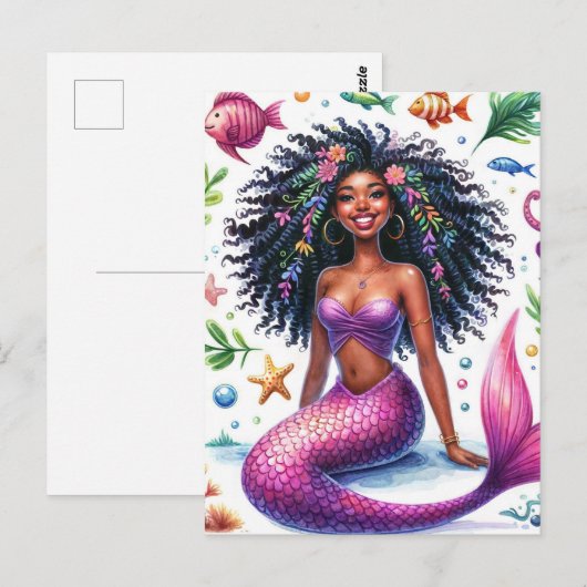 Smiling Dark-Skinned Mermaid With Pink Tail Briefkaart (Voorkant / Achterkant)