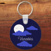 Smiling Full Moon with Clouds: Dark Blue Sleutelhanger (Achterkant)