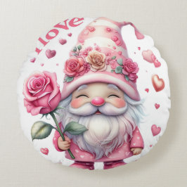 Smiling Gnome Holding a Pink Rose Rond Kussen
