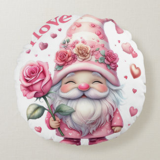 Smiling Gnome Holding a Pink Rose Rond Kussen