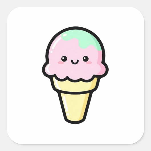 Smiling Ice Cream – Cute Kawaii Illustration Vierkante Sticker (Voorkant)
