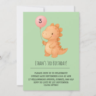 Smiling Pink Dino Holding Balloon Birthday  Kaart
