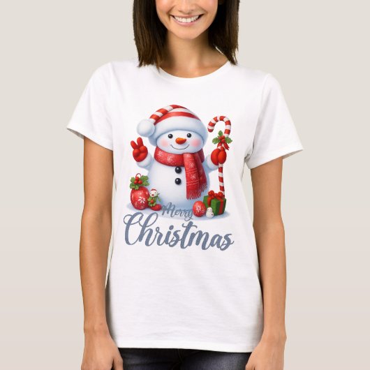 Smiling Snowman With Candy Cane Christmas Tee T-shirt (Voorkant)