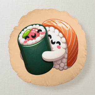 Smiling Sushi Knuffel Kunst voor Voedselliefhebber Rond Kussen