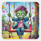 Smiling Zombie Kid on Swing with Party Flags Vierkante Sticker (Voorkant)