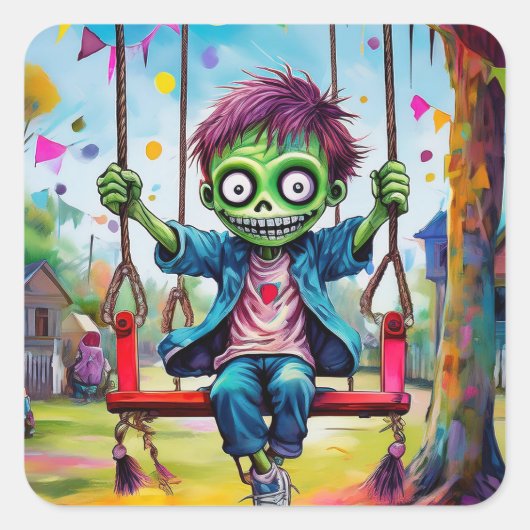 Smiling Zombie Kid on Swing with Party Flags Vierkante Sticker (Voorkant)