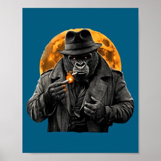 Smoking Gorilla In Trench Coat With Orange Moon Ar Poster (Voorkant)