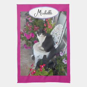 Smokingcat Maroon Donkerroze Katten en Bloemen Theedoek