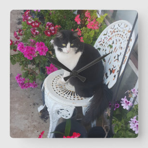 Smokingkat Maroon Donkerroze Katten en Bloemen Vierkante Klok