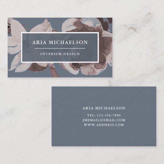 Smoky Blue en Dusty Roos Bloemen met Witte Tekst Visitekaartje (Voorkant / Achterkant)