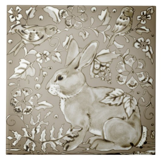 Smoky Grey Neutral Bunny Rabbit Bird Leaf Tegeltje (Voorkant)