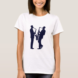 Smoky silhouet van een jazzsaxofonist, met noten t-shirt