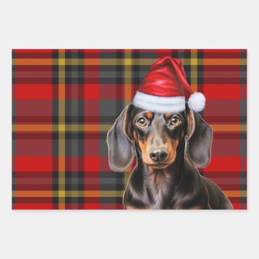 Smooth Dachshund Christmas Dog and Red Plaid Inpakpapier Vel (Voorkant 3)