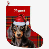 Smooth Dachshund Dog Holiday Plaid Personalized Grote Kerstsok (Voorkant)