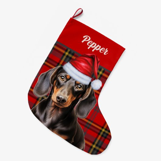 Smooth Dachshund Dog Holiday Plaid Personalized Grote Kerstsok (Voorkant (Hangend))
