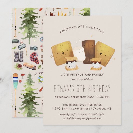 S'more de plaisir | Invitation d'anniversaire de f (Devant / Derrière)