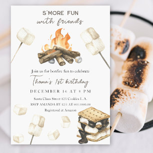 S'more Fun Kampvuur 1e verjaardag Uitnodiging