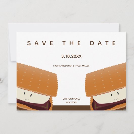 S'more Illustration Whimsical Wedding White Brown Save The Date (Voorkant)