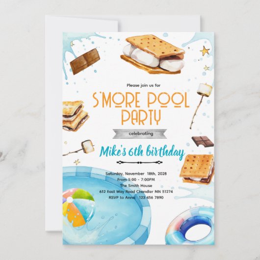 S'more pool birthday party invitation (Devant)