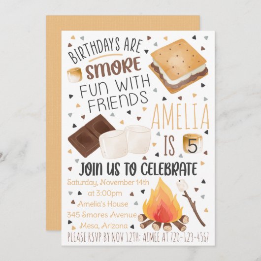 Smores Birthday Invitation, Smores Invitation Kaart (Voorkant / Achterkant)