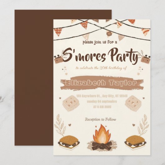 S'mores Birthday Party Invitation – Cozy Campfire Kaart (Voorkant / Achterkant)