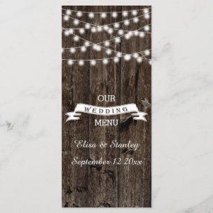 Snaar van lichten op oude houten trouwmenukaart menu